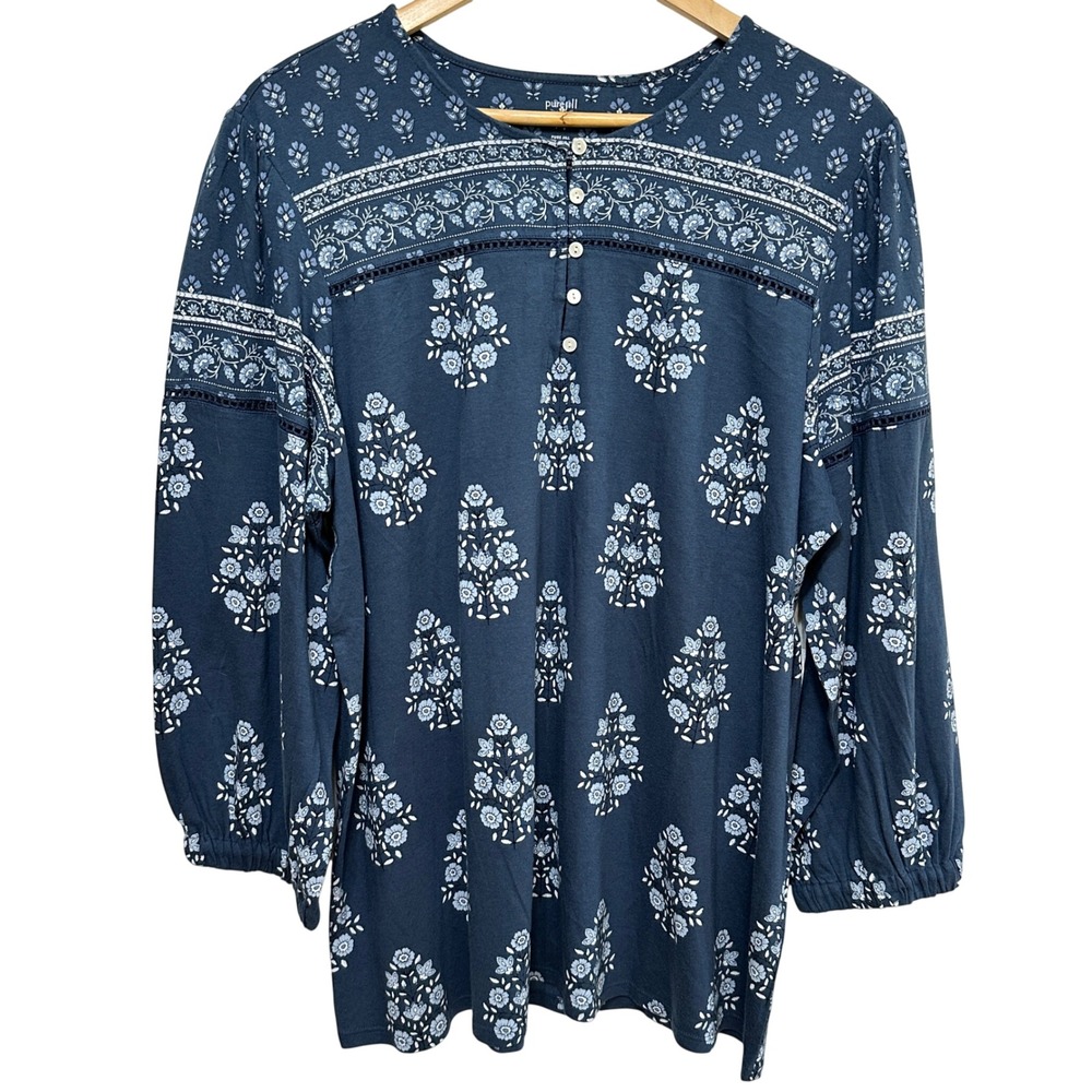 J. Jill Pure Jill Boho Peasant Blouse Women XL Tall Blue Floral Cotton Modal NEW